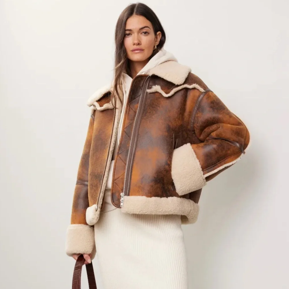 Stand Studio Lessie Faux Leather & Shearling Brown Cream Jacket size 36/US 4 NEW - Picture 4 of 12